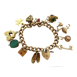 9ct gold curb bracelet with heart locket hallmarked,  with ten 9ct gold charms including stork carrying a baby, house, first aid box and an 18ct gold cross charm, all tested, hallmarked or stamped