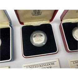 Ten The Royal Mint United Kingdom silver proof one pound coins, including four piedfort examples, all cased with certificates