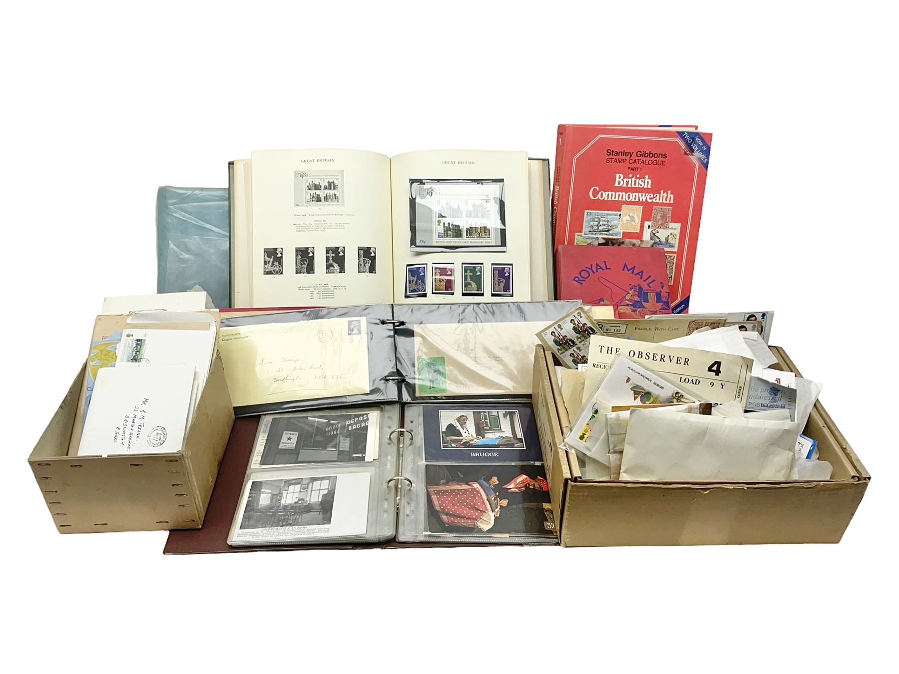 Great British and World stamps, including Queen Elizabeth II issues, first day covers, miniature sheets, Egypt, Finland, France, Greece, Honduras, Hungary, India, Italy, Poland etc, housed in various albums, folders and loose, in one box