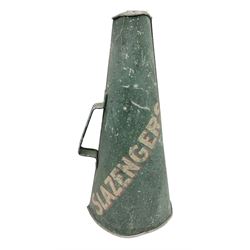 Early-mid 20th century Slazengers megaphone, with cream and red lettering on green ground, L46cm