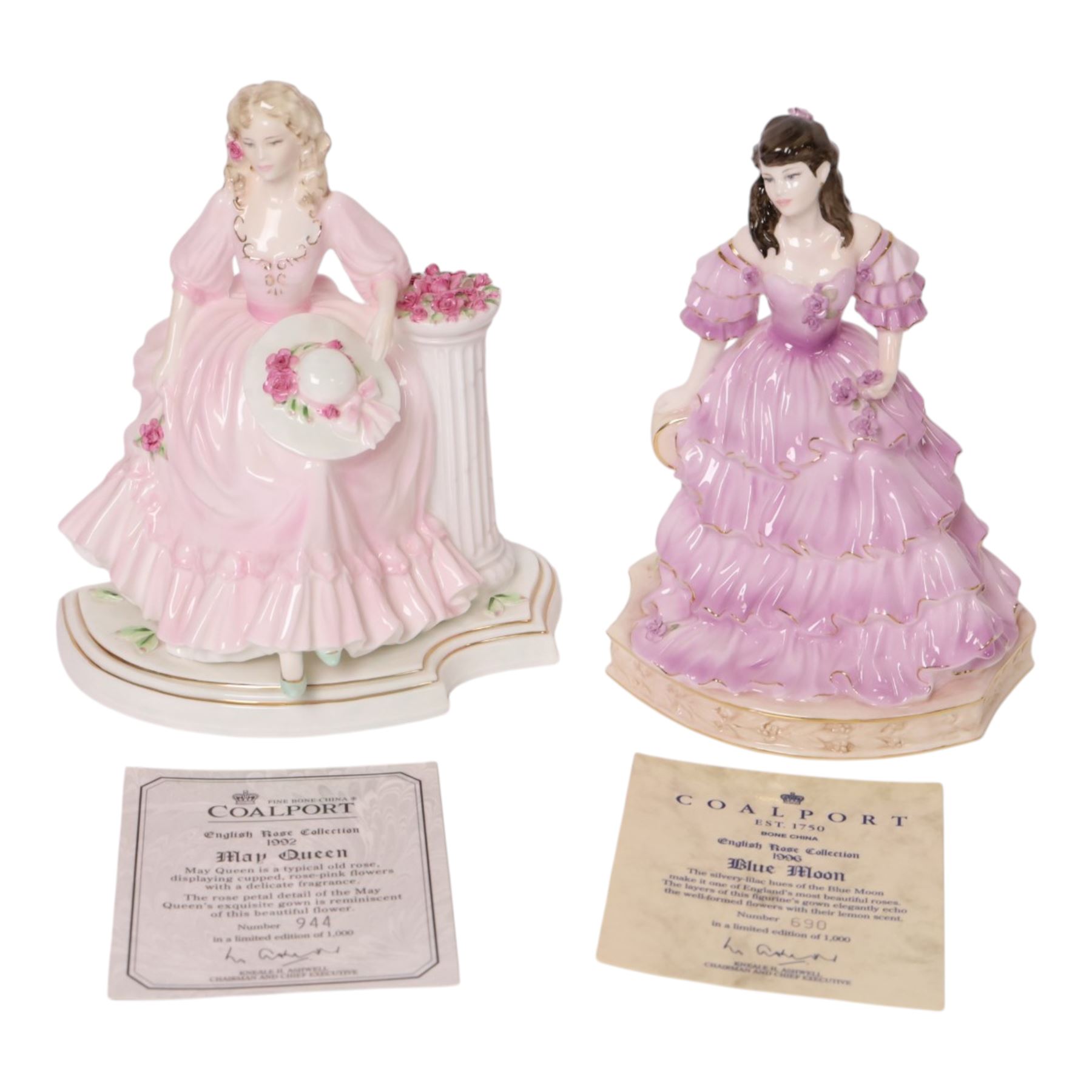 Two Coalport figures from the English Rose Collection, 1996 Blue Moon 690/1000 and 1992 May Queen 944/1000, both with certificate