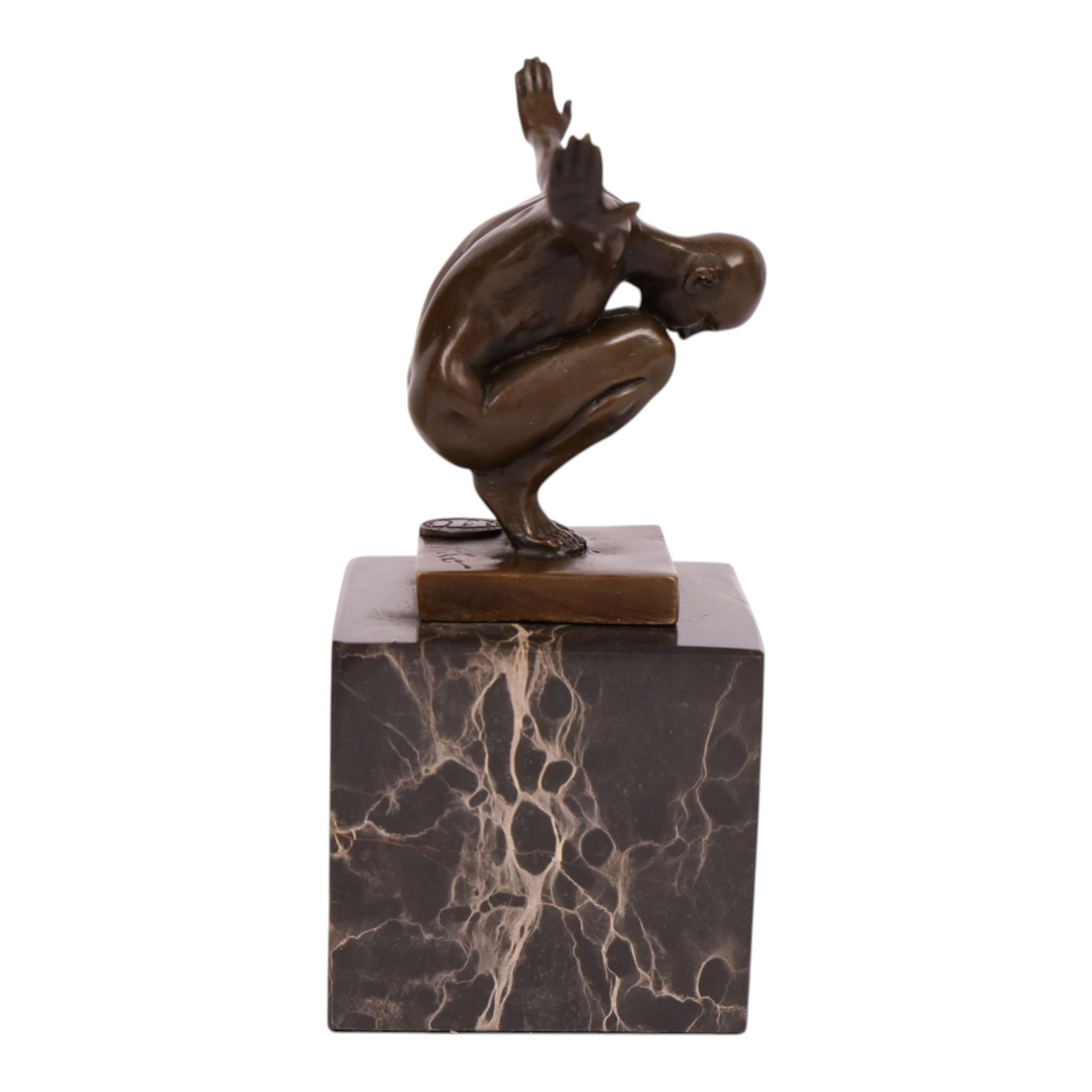 After Milo - bronze figure of a diver, upon a two tone marble base, bearing signature and foundry mark, overall 15cm