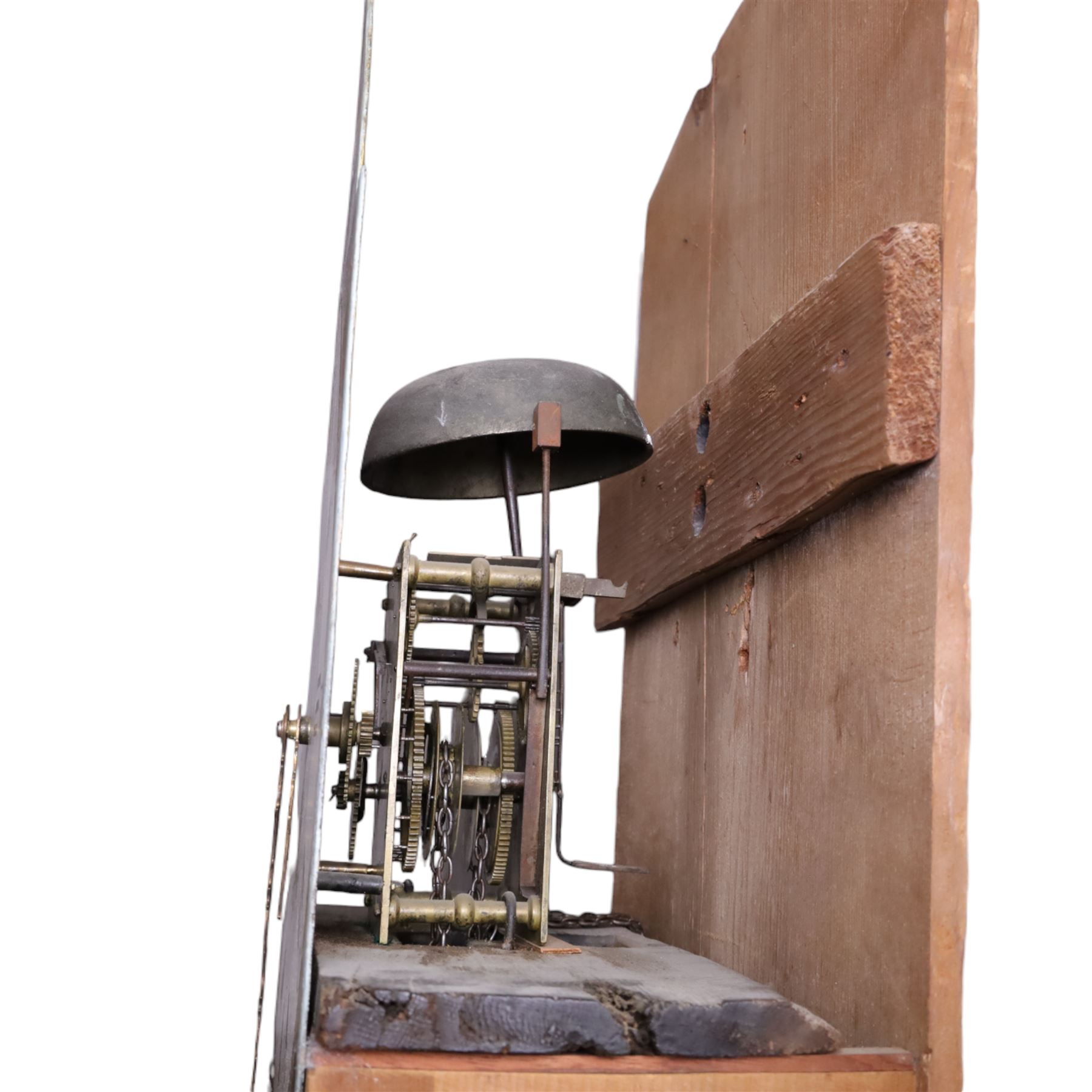 30-hour, 19th-century provincial pine weight-driven longcase clock, with a swan neck pediment, arched hood door with shaped columns with a long door with a shaped top on a square plinth with a shaped base, painted arched dial decorated with fruit and birds and patera decorated spandrels, brass hands, Roman numerals and minute track, dial pined to a chain driven countwheel striking movement, striking the hours on a bell, with a pendulum, back feet missing