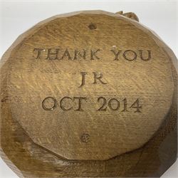 Mouseman - small tooled oak nut bowl, carved with mouse signature, the underneath carved with inscription 'Thank You JR Oct 2014', by the workshop of Robert Thompson, Kilburn 