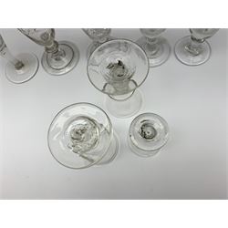 Group of 18th and 19th century drinking glasses, comprising mostly dram glasses, a number of examples with bucket bowls and knopped stems, three with folded feet, largest example H10.5cm