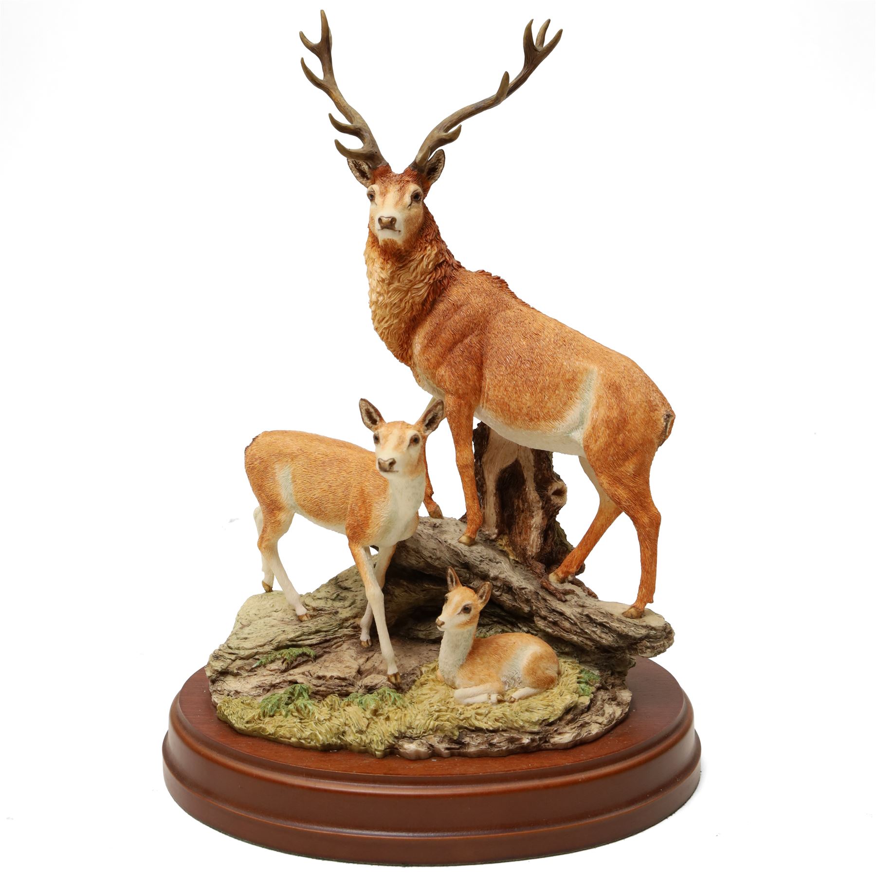 Border Fine Arts group 'Red Hind, Follower & Calf', another of a deer by James Harvey 262/850, another 'Red Hind & Calf' by David Walton and a Sherratt & Simpson group of deer (4) 