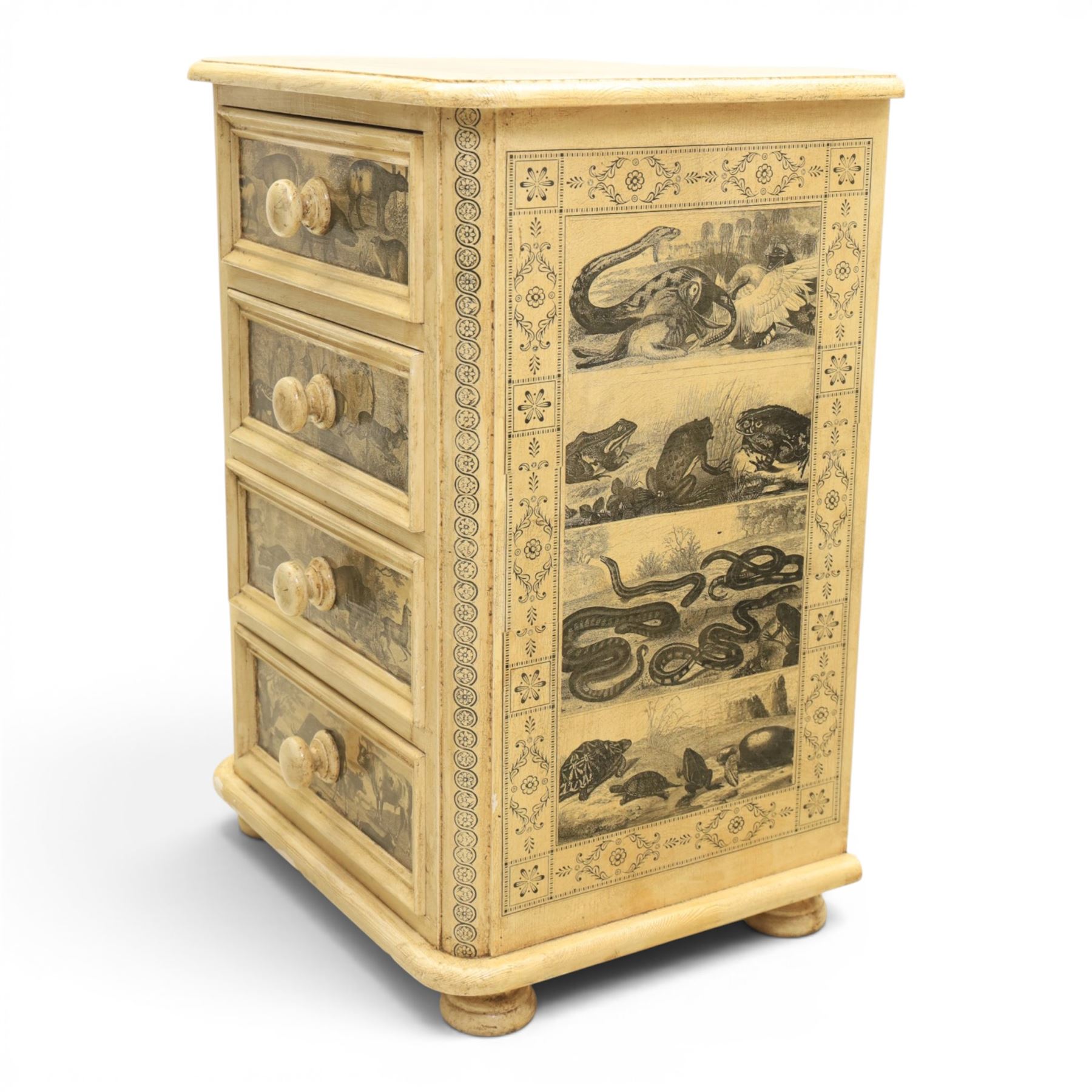 Traditional design cream painted lacquered pedestal chest, rounded moulded top over four short drawers, the drawer fronts decorated with monochrome printed animal scenes, conforming foliate and geometric borders to the top and sides, turned handles, on bun feet