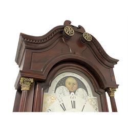 W. Phillips of Bromyard - 8-day mahogany longcase with a painted moon roller dial, c 1790,
swans neck pediment with dog tooth moulding, raised carving and  brass paterie, break arch hood door beneath flanked by reeded pilasters with brass Corinthian capitals, trunk with a blind fret, reeded quarter columns and long wavy topped door,
Plinth with a deep moulding and canted corners raised on a shaped base, painted dial with gesso spandrels, Roman numerals, five minute Arabic's and minute dots, with steel hands, seconds dial and square date aperture, dial pinned to a rack striking movement with an anchor escapement, striking the hours on a cast bell. A clockmaker by the name of John Phillips is recorded as working in Bromyard (Worcs)  in the early to mid 18th century, certainly by 1770-90. W. Phillips was possibly an unrecorded son or brother also working in the same family clockmaking business during the later part of the 18th century.
