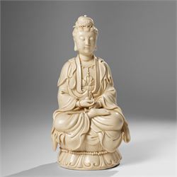 Three Chinese blanc de chine figures, each depicting Guanyin seated, Dehua province, two with double gourd and potters seal marks to the reverse 