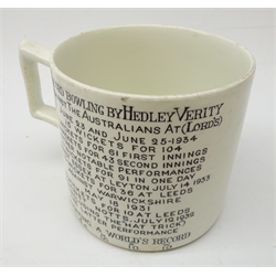  Cricket - Commemorative transfer printed mug for 'Hedley Verity, England's Famous Spin Bowler' retailed by W. Ellis Moorcroft of Bramley H9.5cm  