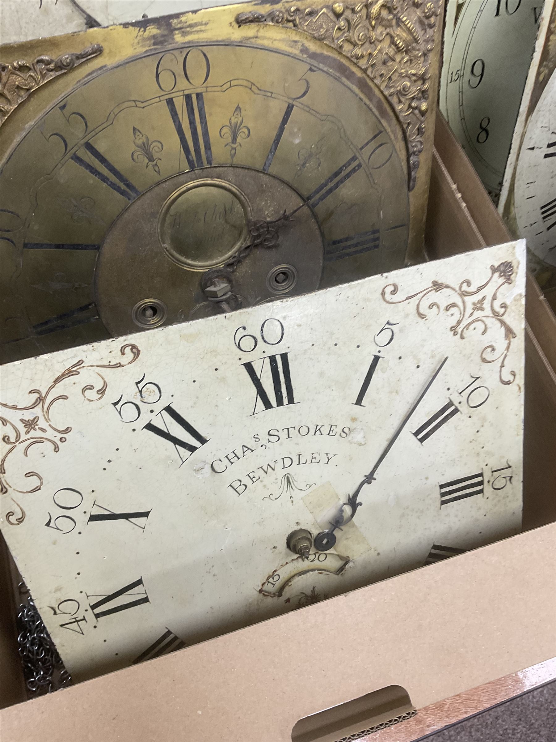Six 19th century longcase clock movements, including brass dial by William Clark of Kendal, painted dial by Bartliff of Malton, etc