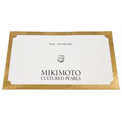 Mikimoto single strand cultured white pearl necklace, with 18ct gold clasp, stamped 750, boxed with certificate dated 1983