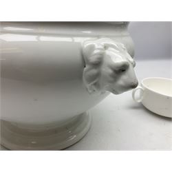 Thun WW2 German Luftwaffe officer's mess plain white glazed soup tureen with lion mask handles, marked with the Luftwaffe eagle beneath and dated 1939 L31cm; together with Waffen 'SS' white glazed twin handled soup bowl, marked beneath Bauscher Weiden 1942 (2)