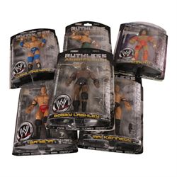 Jakks Pacific wrestling ring and wrestlers, including WWE Money in the Bank Ladder Match Wrestling Ring, boxed, six carded Ruthless Aggression Series 27 wrestlers John Cena, Chris Masters, Mr Kennedy, Bobby Lashley, Carlito and Batista and seven loose wrestling figures