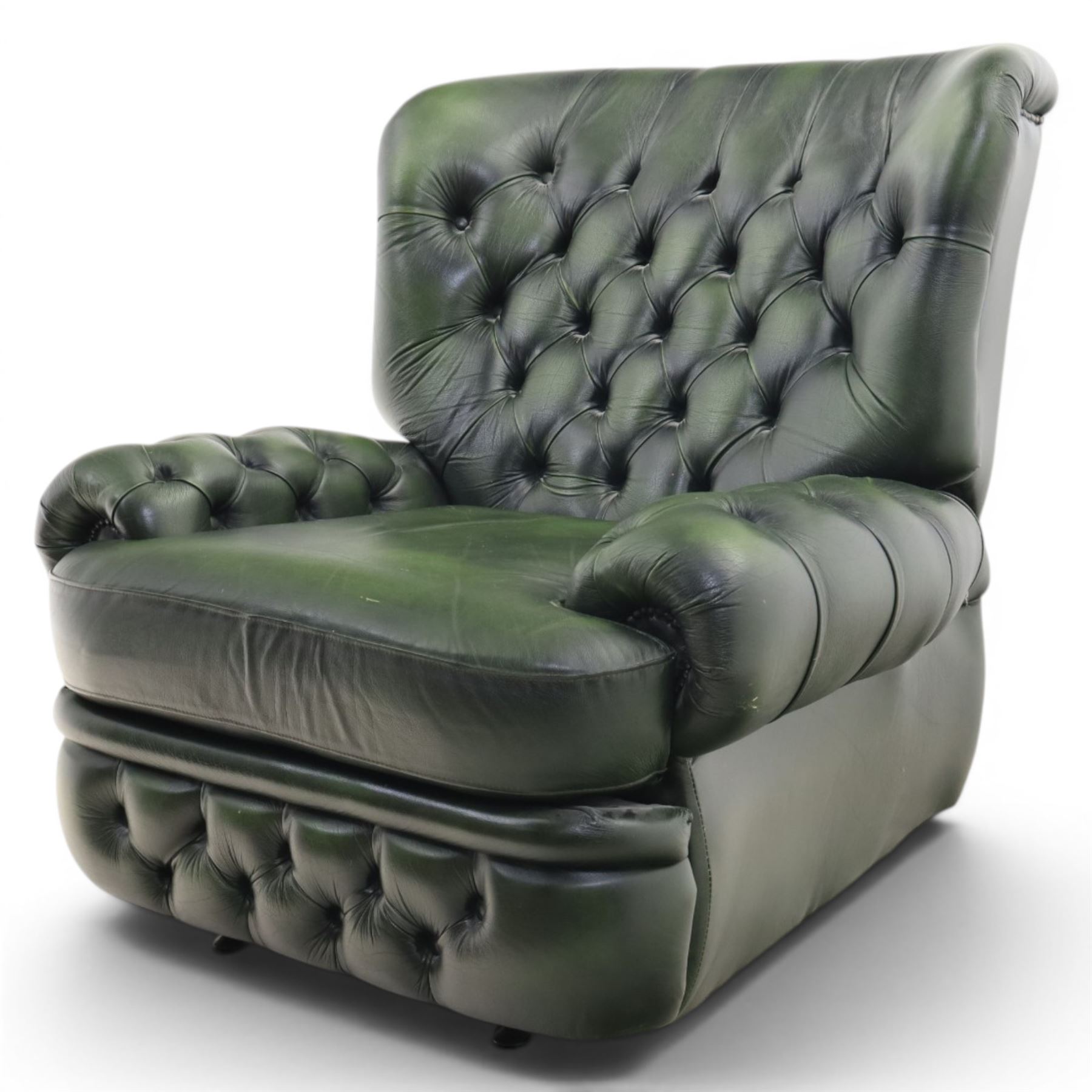 Thomas Lloyd - green leather chesterfield armchair, buttoned back, apron arm rests