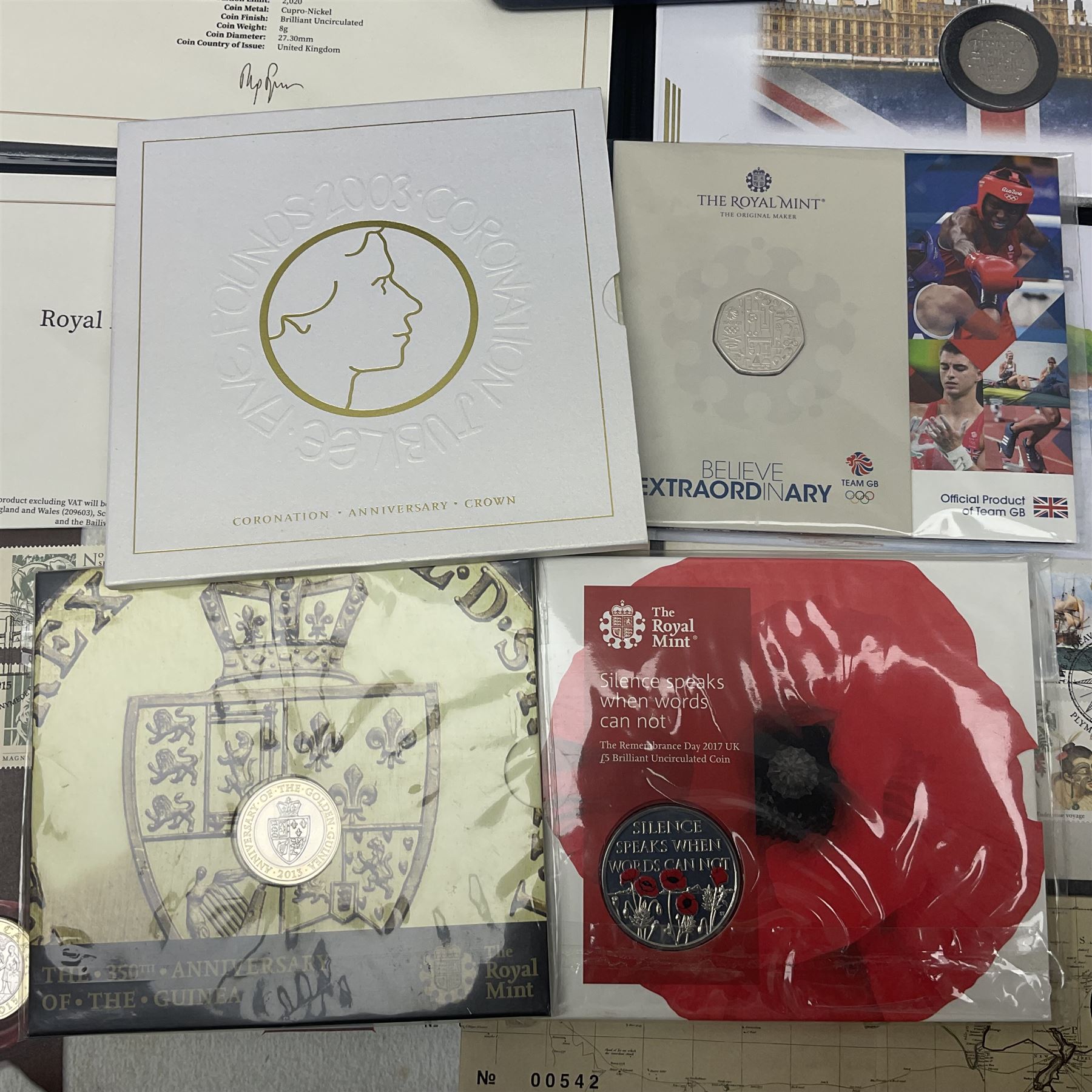 Mostly commemorative coinage, including various Queen Elizabeth II United Kingdom brilliant uncirculated fifty pence, two pound and five pound coins in card folders, The Royal Mint United Kingdom 2012 proof coin set, Alderney 2021 'Royal National Lifeboat Institution' five pound coin cover in Harrington and Byrne folder etc