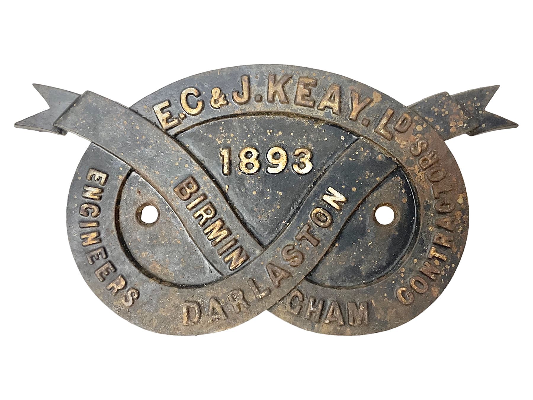 Victorian cast iron railway bridge makers plate, in the form of a Staffordshire Knot, detailed E.C. & J. Keay LD Birmingham Darlaston 1893, H31.5cm W15.5cm