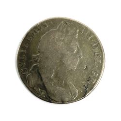King William III half crown coin with engraving to the reverse reading 'Joan Norsworthy, Died Sept 19, 1786' 