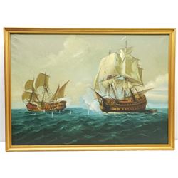 English School (20th century): Naval Battle, oil on canvas unsigned 64cm x 91cm