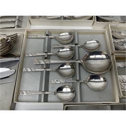 Viners Ltd silver plate Silver Rose pattern cutlery service for six place settings, to include butter knives, table knives and forks, soup spoons, dessert forks and spoons, tea knives, forks and spoons, two serving spoons and a seven piece fruit set, some boxed, missing table spoons