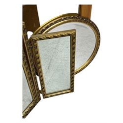 Four decorative mirrors, including gold-toned triptych dressing mirror with foliate borders, two rectangular framed mirrors and a circular gilt mirror with ornate edging