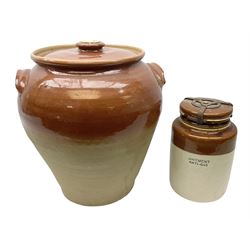 Second World War stoneware jar with airtight lid for ointment - anti-gas and large stoneware twin handled jar and cover, largest example H39cm