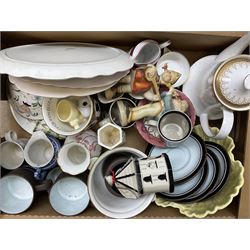 Large group of assorted ceramics, to include various tea wares, decorative plates, Hornsea, Royal Commemorative ware, figures, miniature Coalport teawares, etc., in five boxes 