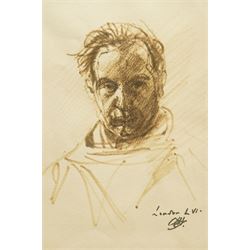 Pietro Annigoni OMRI (Italian 1910-1988): 'Self Portrait', pen and ink signed inscribed 'London' and dated LVI in pen, labelled verso 26cm x 18cm
