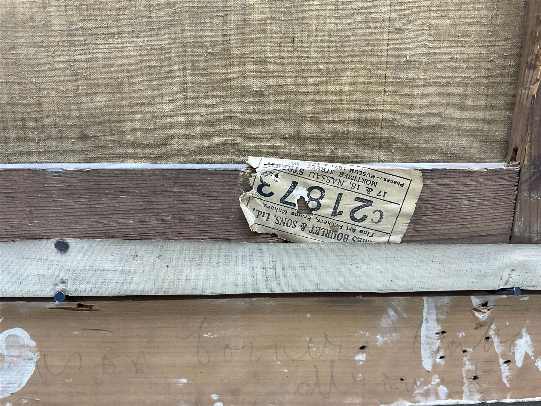 James Bolivar Manson (British 1879-1945): 'Sweet Sultans and Marigolds', oil on canvas unsigned, titled and dated 1945 in the artist's hand on label and on the stretcher verso, with James Bourlet & Sons label, 60cm x 50cm 
Notes: this is probably the artist's 1945 Royal Academy exhibit no.601, then titled 'Cornflowers and Marigolds' (sweet sultans being a variety of cornflower). The same jug depicted in the present picture can be seen in Manson's 1940 Royal Academy exhibit no.262 'Tulips and Daffodils'. The blue title label appears on a number of Manson's paintings.