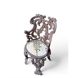 19th century Rococo Revival cast iron garden chair, pierced back comprised of scrolling acanthus leaves, over a pierced geometric white painted drop-in seat, raised on four acanthus and anthemion shaped cabriole supports united by X-frame stretcher