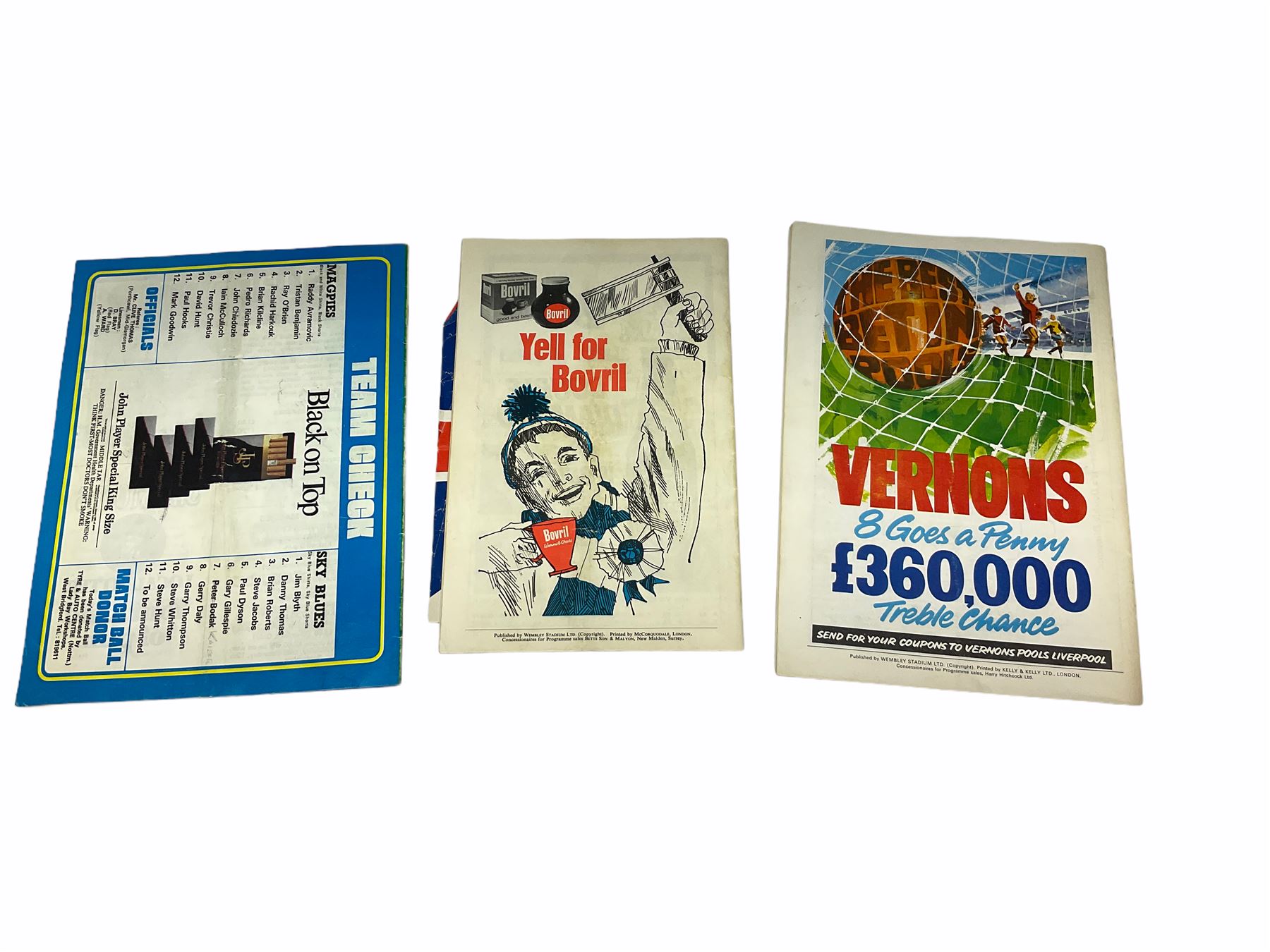 Three football programmes / match-day magazines, 'Chelsea V Tottenham Hotspur Final Saturday May 20th 1967' with 'Daily Express Community Singing' song sheet insert, 'Arsenal V Leeds United Final Saturday 6th May 1972' and 'Football League Division One Notts County V Coventry City Saturday 5th September 1981' signed by Tommy Lawton (3)