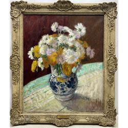 James Bolivar Manson (British 1879-1945): 'Sweet Sultans and Marigolds', oil on canvas unsigned, titled and dated 1945 in the artist's hand on label and on the stretcher verso, with James Bourlet & Sons label, 60cm x 50cm 
Notes: this is probably the artist's 1945 Royal Academy exhibit no.601, then titled 'Cornflowers and Marigolds' (sweet sultans being a variety of cornflower). The same jug depicted in the present picture can be seen in Manson's 1940 Royal Academy exhibit no.262 'Tulips and Daffodils'. The blue title label appears on a number of Manson's paintings.