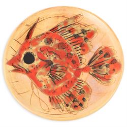 Monique Brunner - earthenware plates, decorated with fish and shellfish, upon a pink and cream ground, signed Vallauris beneath, six D20cm, one D24cm  