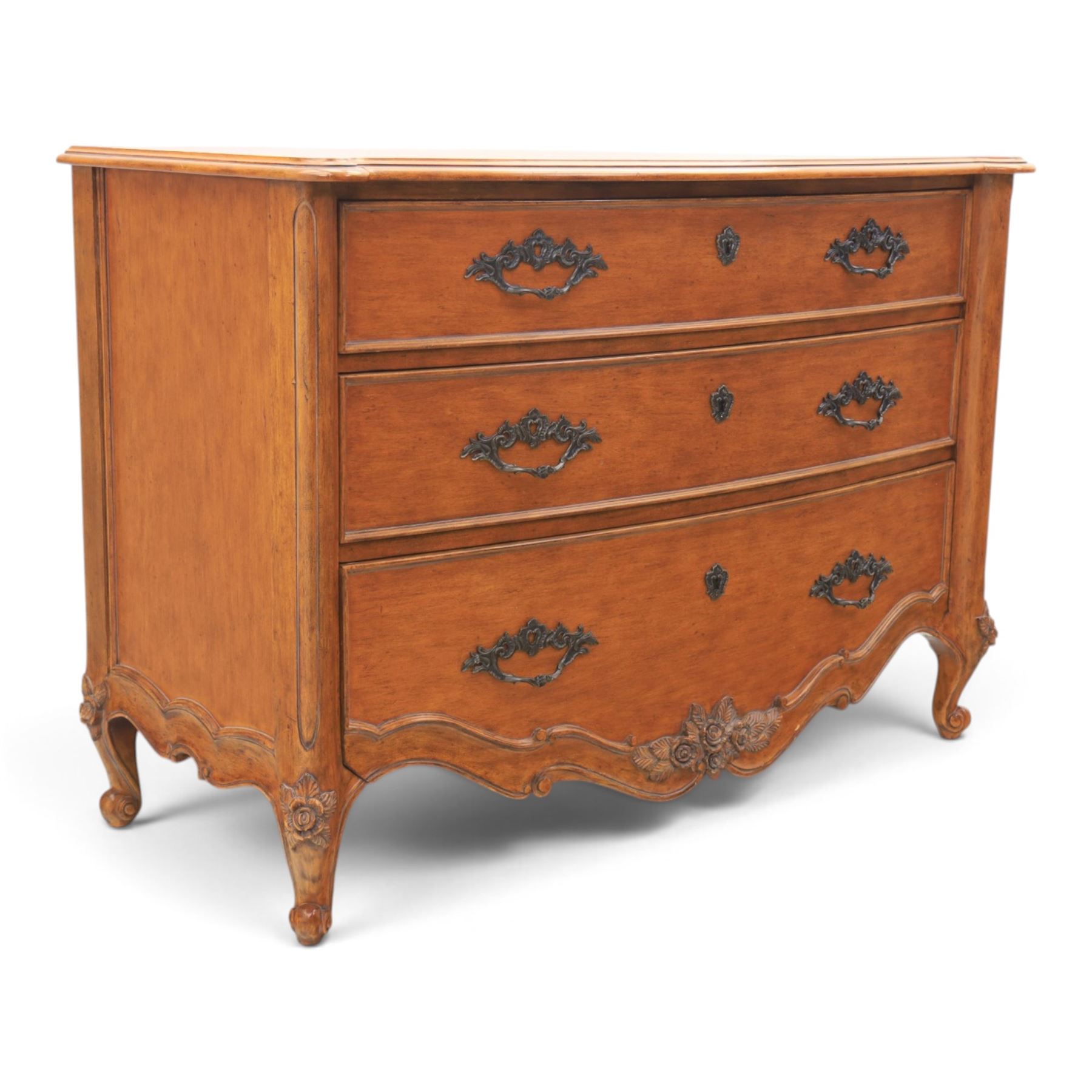 And So To Bed - 'Louis XV' large cherrywood chest, bowed shaped top above three long graduating drawers, blackened metal handles and escutcheons, raised on scrolled supports with carved foliate knees 