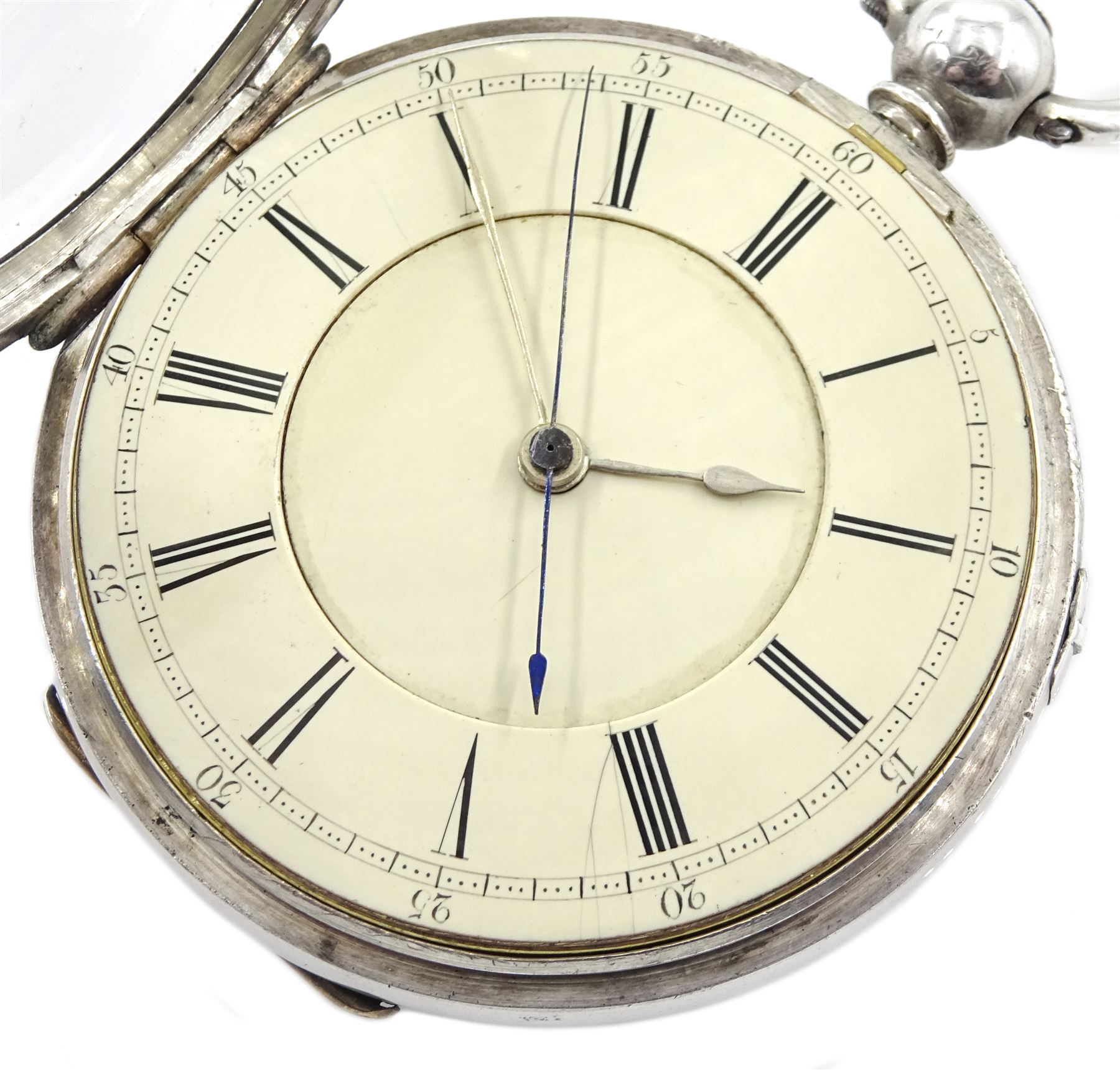 Victorian silver open face key wound English lever chronograph pocket watch No. 21227, cream enamel dial with Roman hours and outer Arabic minute ring, case by Edward Hickman, London 1876