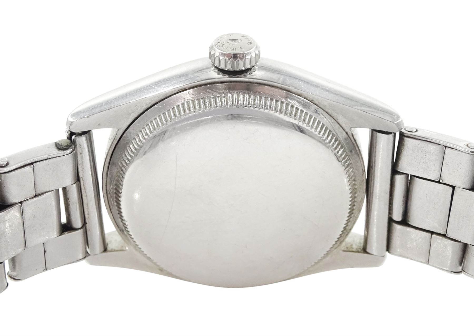 Rolex Oyster Perpetual gentleman's stainless steel automatic wristwatch, Ref. 6107, serial No. 804478, cream dial with dagger hour marks, on expanding Rolex bracelet, with fold-over clasp, with papers dated 1953 / 54