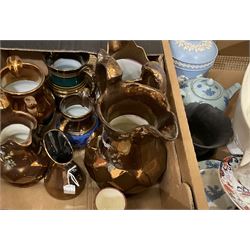 Assorted ceramics, to include pair of Wedgwood candlesticks, Wedgwood twin handled mantle vase, other assorted Wedgwood pieces, small Spode plate, small Coalport dish, small group of Victorian and later copper lustre ware, etc., in two boxes