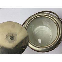 Five early 20th century biscuit barrels with silver-plated mounts, one made from Mahogany from HMS Hindustan