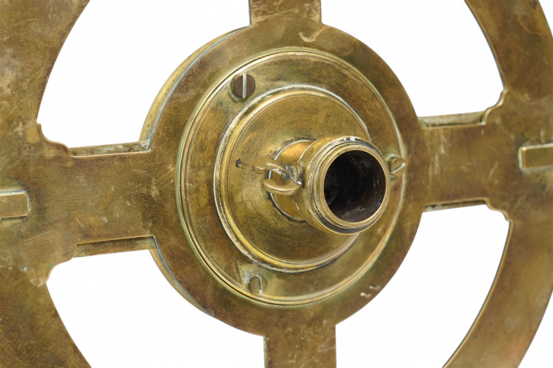 Ihon (John) Coggs of Fleet Street, London,- George II brass circumferentor (theodolite) c1730, housing a cylindrical glazed compass with a steel  indicating hand and engraved (formerly silvered) eight point compass rose to the centre, outer track divided into two-degree intervals and a subsidiary Arabic numeral chapter ring divided into ten minute intervals, mounted on a 12