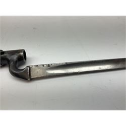 British pattern 1876 socket bayonet with 55cm triangular blade; another smaller socket bayonet; and a leather shot flask, the brass action marked Sykes (3)