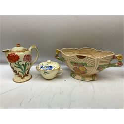 Group of ceramics to include Art Deco examples, Arthur Wood twin handled vase decorated in the Garden Wall pattern, Art Deco style Coalport twin handled lidded sucrier and saucer, Mason's Applique jug (scratch through mark), Royal Doulton Minden bowl and jug, Copeland Spode Royal Jasmine jug, Crown Devon, etc