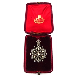  Victorian diamond and pearl pendant set in gold and silver, retailed by Jay's diamond merchant, London, in original box  