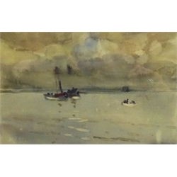  Joseph Richard Bagshawe (Staithes Group 1870-1909): Steam Trawler off the Coast, watercolour, authenticated by his granddaughter verso 15cm x 24cm  