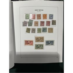 Extensive single album collection of Great British Queen Victoria and later stamps, including QV penny black with three margins, 1840 two pence blue, perf two pence blues with white lines added, QV one pound brown lilac, QV one pound green, King George V seahorses, 1929 Postal Union Congress one pound black, King George VI 1939-48 set of six with ten shillings dark blue, Queen Elizabeth II pre-decimal issues, housed in a Stanley Gibbons Great Britain 2001 album, a well presented collection with few ommissions