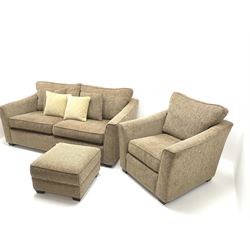Three seat sofa upholstered in a woven effect beige fabric (W190cm) and matching armchair (W90cm) with foot stool 