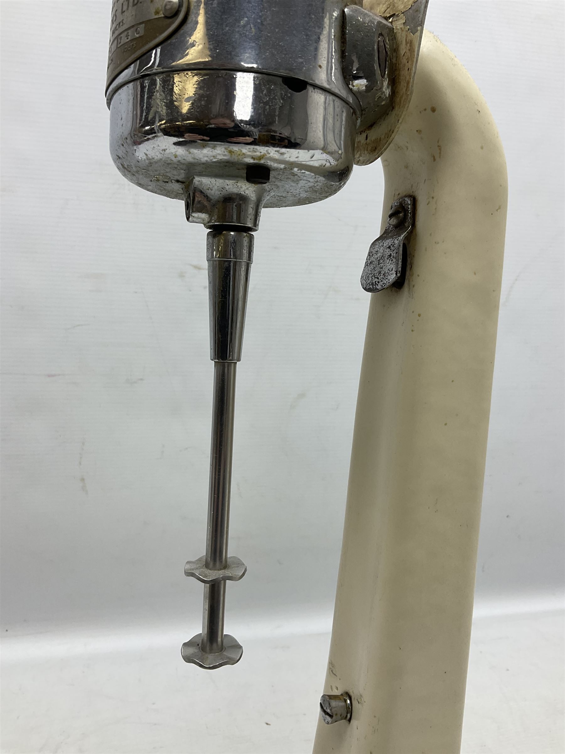 1950s Horlicks advertising shop counter electric mixer, with chrome fittings and stainless steel cup engraved Horlicks with wood handle, H50cm