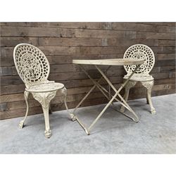 Circular cast aluminium garden table (D74cm, H68cm), and two chairs