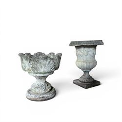 Cast stone classic garden urn, raised on squat pedestal and an ornate cast stone urn (2)