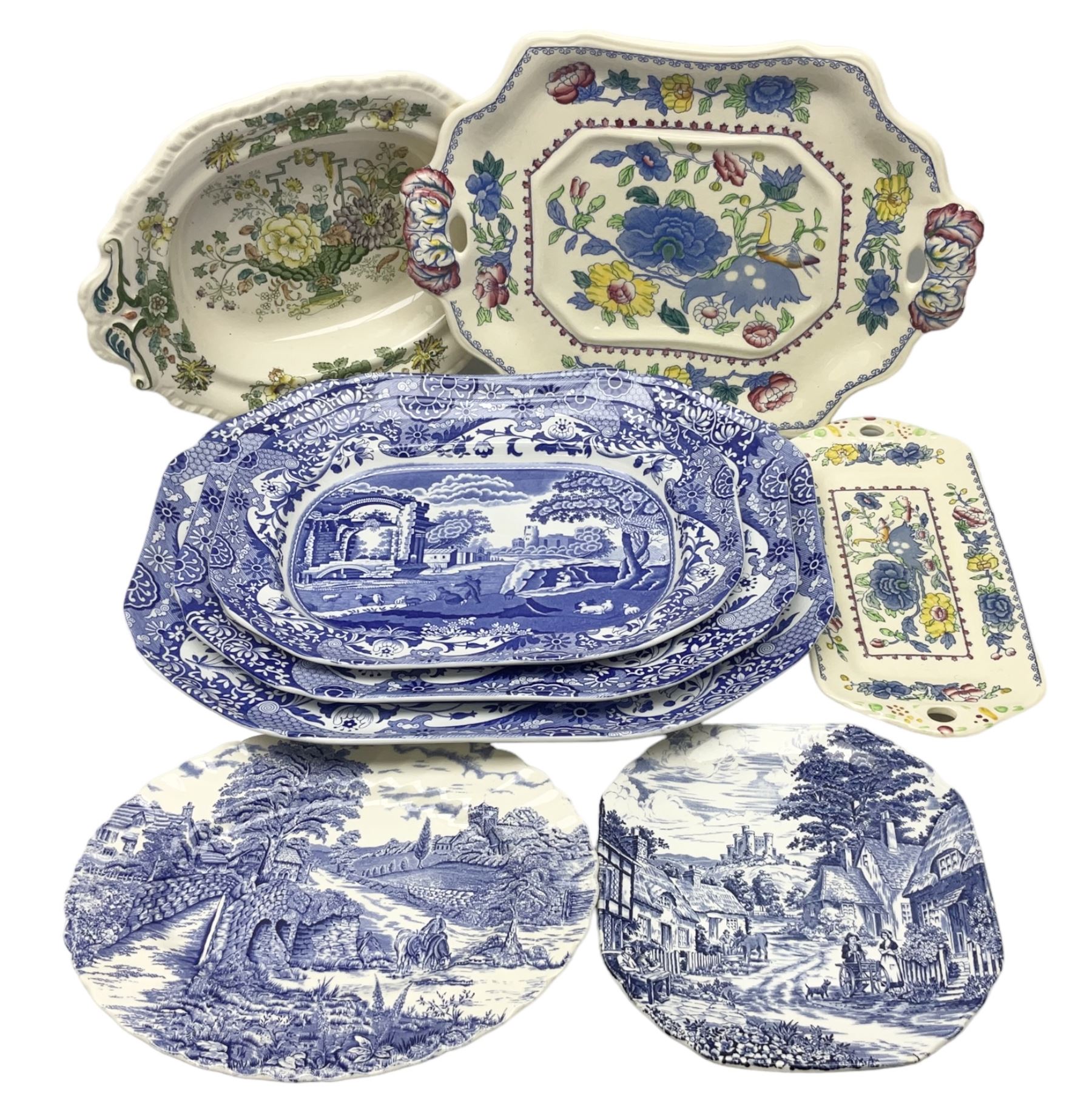 Three Spode Italian pattern platters, together with a three masons dishes of various sizes and two other plates  