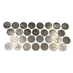 Twenty-nine Queen Elizabeth II Great British fifty pence coins, commemorating the London 2012 Olympic Games, all from circulation
